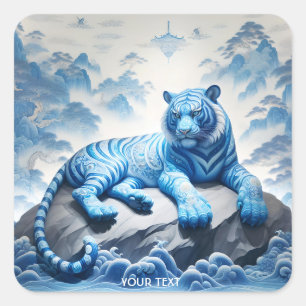 Pegatina Cuadrada Fantasía cuida tigre azul chino
