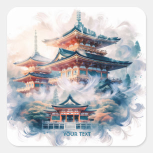 Pegatina Cuadrada Fantasía Cuidada Templo Japonés