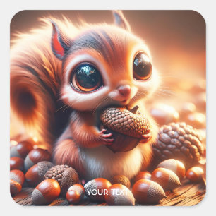 Pegatina Cuadrada Fantasía Cute ardilla sosteniendo maíz
