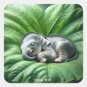 Pegatina Cuadrada Fantasía Cute Baby Elephant Leaf