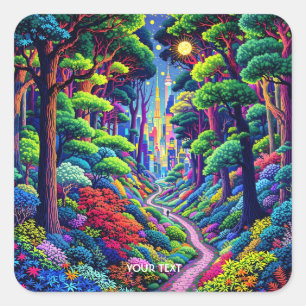 Pegatina Cuadrada Fantasía Cute Bosque Y Ciudad
