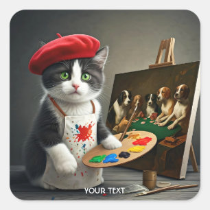 Pegatina Cuadrada Fantasía Cute Cat Beret Pintura