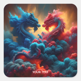 Pegatina Cuadrada Fantasía Cute Dragones Azules Rojos
