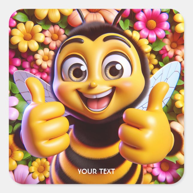Pegatina Cuadrada Fantasía Cute Feliz Abeja Sonriente (Anverso)