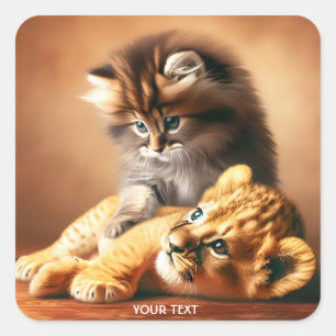 Pegatina Cuadrada Fantasía Cute Gatito Jugando Con El Tigre