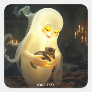 Pegatina Cuadrada Fantasía Cute Ghost Kitten Candles