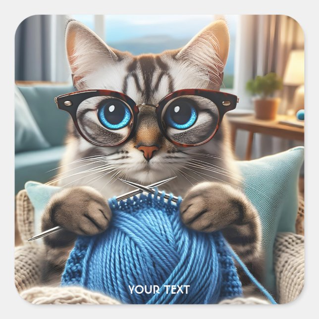 Pegatina Cuadrada Fantasía Cute Knitt Cat Room (Anverso)