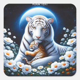 Pegatina Cuadrada Fantasía Cute Mamá Bebé Tigres