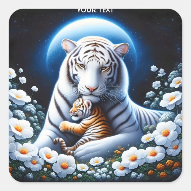 Pegatina Cuadrada Fantasía Cute Mamá Bebé Tigres (Anverso)