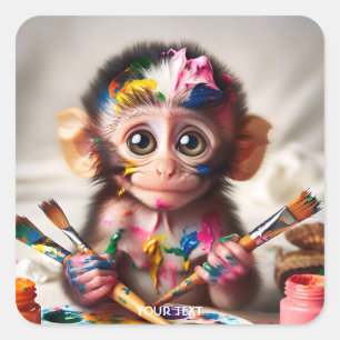 Pegatina Cuadrada Fantasía Cute Monkey Pinceles