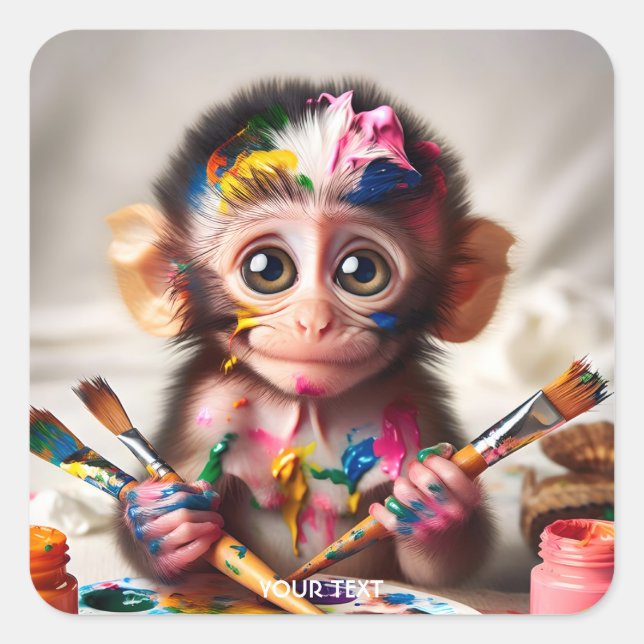 Pegatina Cuadrada Fantasía Cute Monkey Pinceles (Anverso)