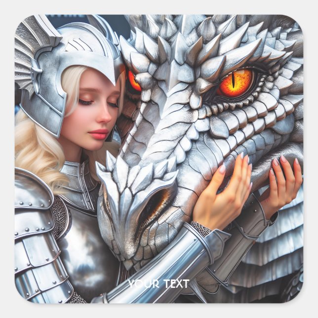 Pegatina Cuadrada Fantasía cute mujer guerrera dragón (Anverso)