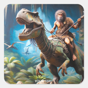 Pegatina Cuadrada Fantasía Cute Neanderthal Riding Dinosaur