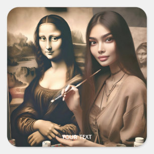 Pegatina Cuadrada Fantasía Cute Painter Autoretrato