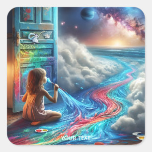 Pegatina Cuadrada Fantasía Cute Pintura Espacio Chica