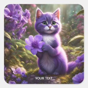Pegatina Cuadrada Fantasía Cute Purple Kitten Flor