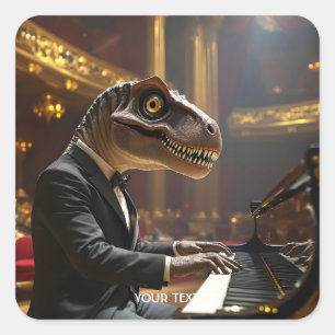Pegatina Cuadrada Fantasía Cute T-rex Jugando Piano