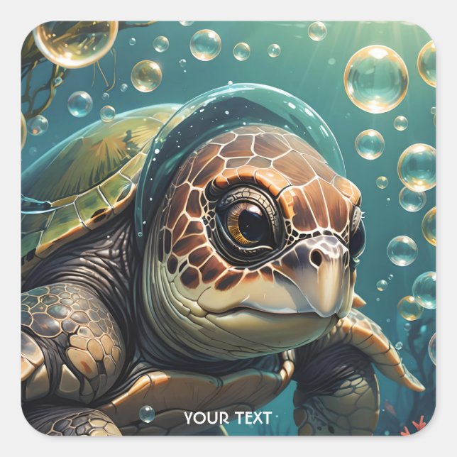 Pegatina Cuadrada Fantasía Cute Turtle Planta Marítima (Anverso)