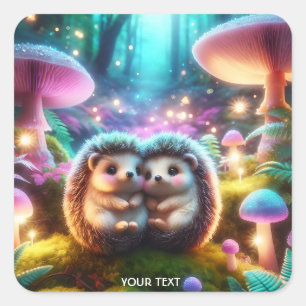 Pegatina Cuadrada Fantasía Cute Two Baby Hedgehogs