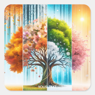 Pegatina Cuadrada Fantasía Cute Un Árbol Estaciones