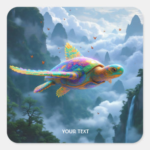 Pegatina Cuadrada Fantasía cute volando tortuga arcoiris