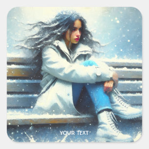 Pegatina Cuadrada Fantasía Cute White Coat Winter