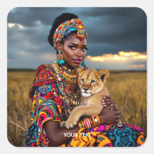Pegatina Cuadrada Fantasía cutre mujer africana león