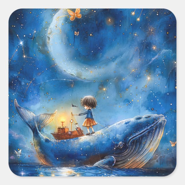 Pegatina Cuadrada Fantasía de ballenas (Anverso)