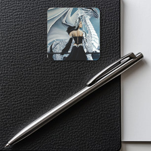 Pegatina Cuadrada Fantasía de Dragón Blanco Reina de Invierno