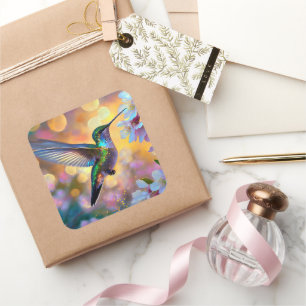 Pegatina Cuadrada Fantasía de Flor de Cerezo Amanecer Colibrí