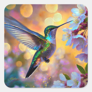 Pegatina Cuadrada Fantasía de flor de cerezo Colibrí