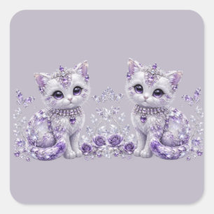 Pegatina Cuadrada Fantasía de Gatito Joyado Púrpura Real