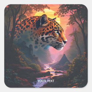 Pegatina Cuadrada Fantasia de lindo leopardo al atardecer