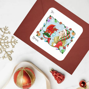 Pegatina Cuadrada Fantasía del Dragón Rojo rubio de los navidades