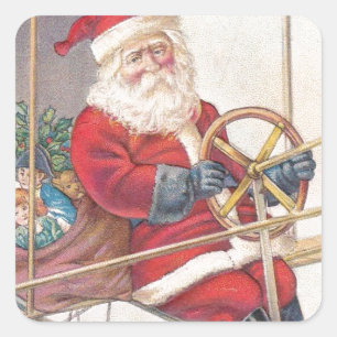 Pegatina Cuadrada Fantasía del Vintage Santa Airship