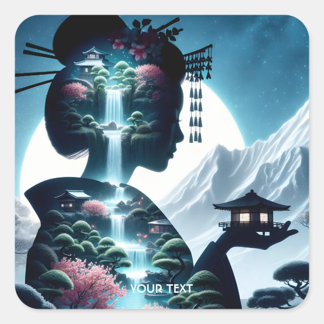 Pegatina Cuadrada Fantasía en un paisaje de Chica japonés (Anverso)