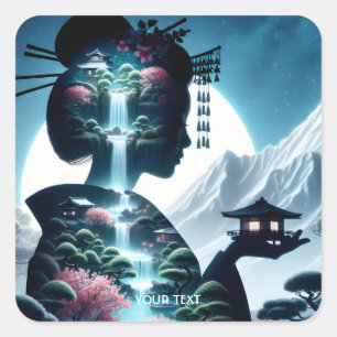 Pegatina Cuadrada Fantasía en un paisaje de Chica japonés