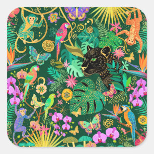 Pegatina Cuadrada Fantasía Exótica Surrealista de la Jungla