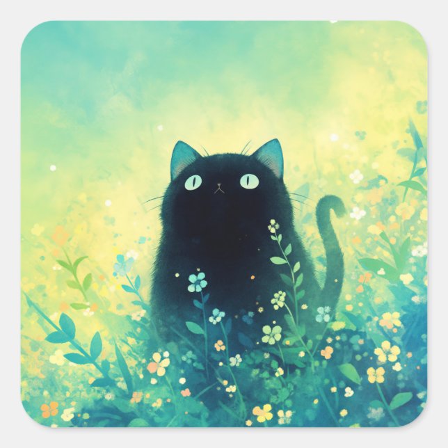 Pegatina Cuadrada Fantasía floral de Kitten negro (Anverso)