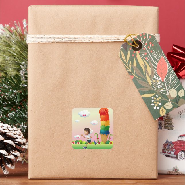 Pegatina Cuadrada Fantasía helado conejo con niño en carrera feliz (Vacaciones)