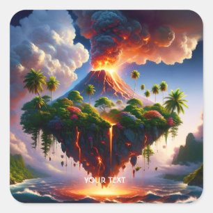 Pegatina Cuadrada Fantasía Isla Cuta Con Volcán