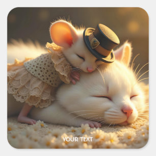 Pegatina Cuadrada Fantasía lindo amor al gato del ratón