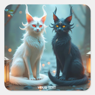 Pegatina Cuadrada Fantasía lindo gatos blanco negro