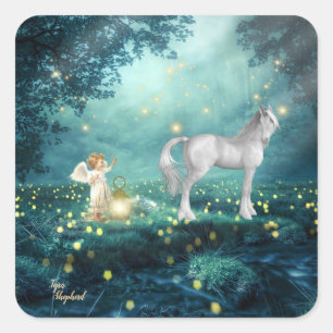 Pegatina Cuadrada Fantasía mágica unicornio mística