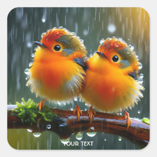 Pegatina Cuadrada Fantasía Naranja Aves Lluvia