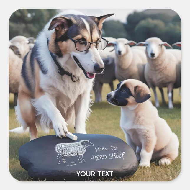 Pegatina Cuadrada Fantasía Perro Cute Enseñando Cachorro (Anverso)