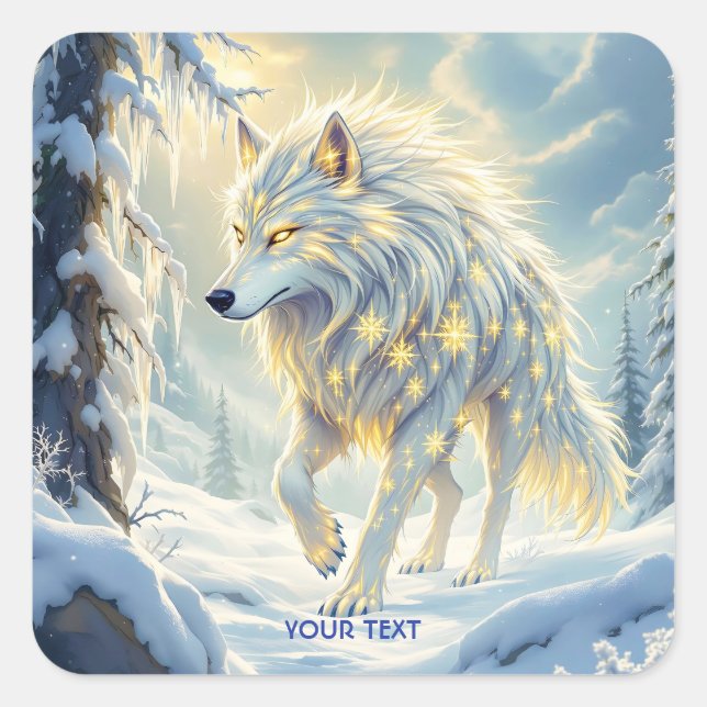 Pegatina Cuadrada Fantasía suave invierno de Lobo Blanco (Anverso)