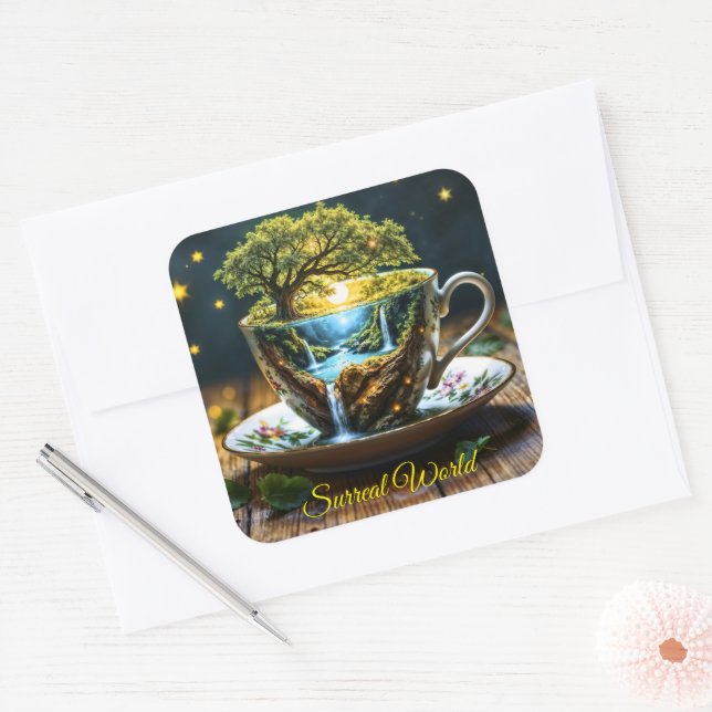 Pegatina Cuadrada Fantasía teacup en miniatura cascadas mundiales (Sobre)