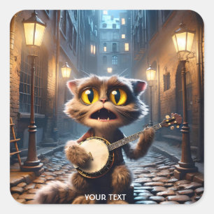 Pegatina Cuadrada Fantasía, un gato lindo jugando banjo