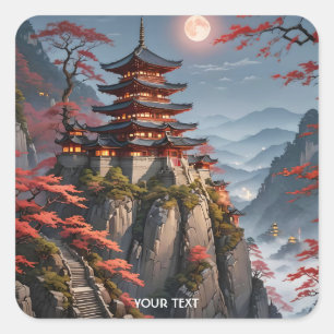 Pegatina Cuadrada Fantasía, un paisaje nocturno japonés
